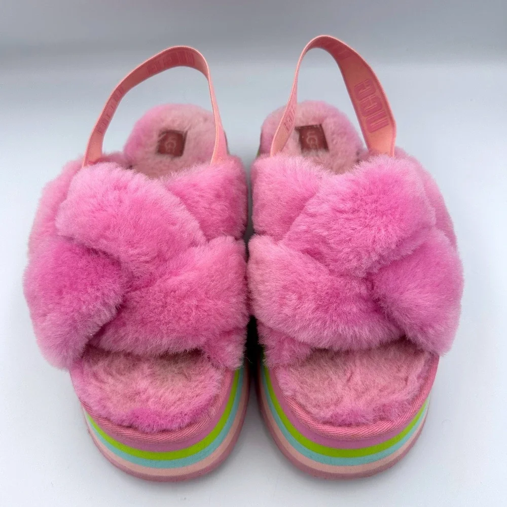 UGG Funkette Pink Platform Slingback Rainbow Sole Shearling Women's Size 9